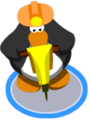 A penguin drilling with the Miners Helmet.