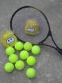 Two yellow puffles "playing" tennis.