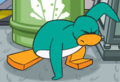 A penguin falling down in the game.