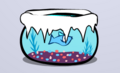 A goldfish in its bowl frozen.