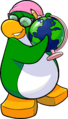 Aunt Arctic hugging a globe.