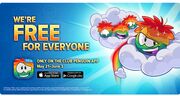 A banner promoting the opportunity to adopt a puffle for free during the party.
