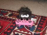 A black puffle playing video games.