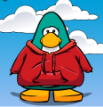 A penguin wearing a Red Hoodie.