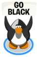 A penguin doing the wave action with the Black Face Paint on causing it to hold up a sign that says GO BLACK.