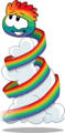 A Rainbow Puffle playing in the clouds.